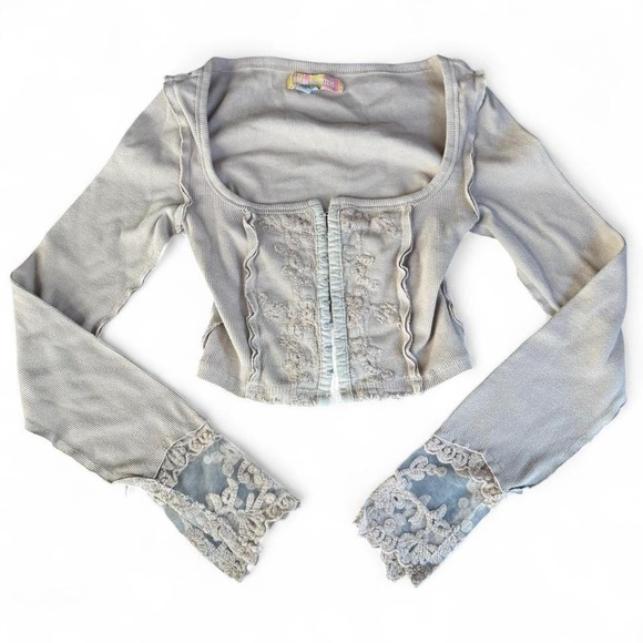 Urban Outfitters Lace Long Sleeve Shirt XS Beige Ribbed Fairycore Y2K Top - Picture 1 of 5